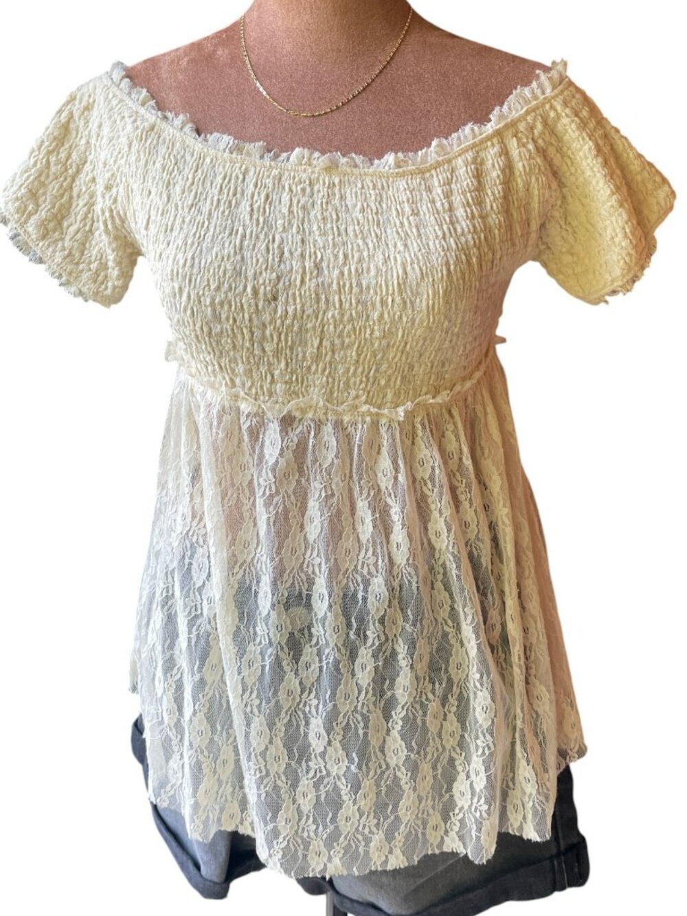 Intimately Free People Smocked Lace Shirt Beige Cottagecore Fairycore Y2K Size S
